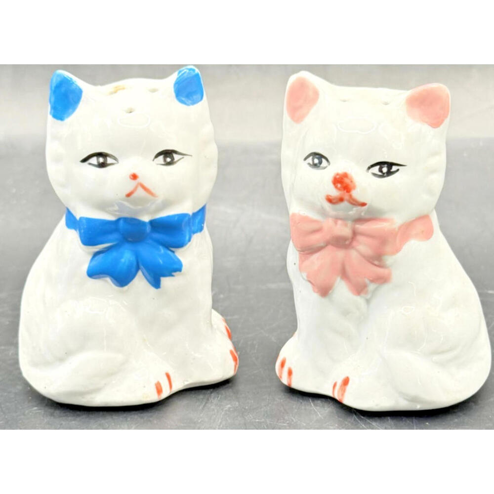 Vintage Cat Salt & Pepper Shakers – White Ceramic Kitty Pair w/ Blue & Pink Bows